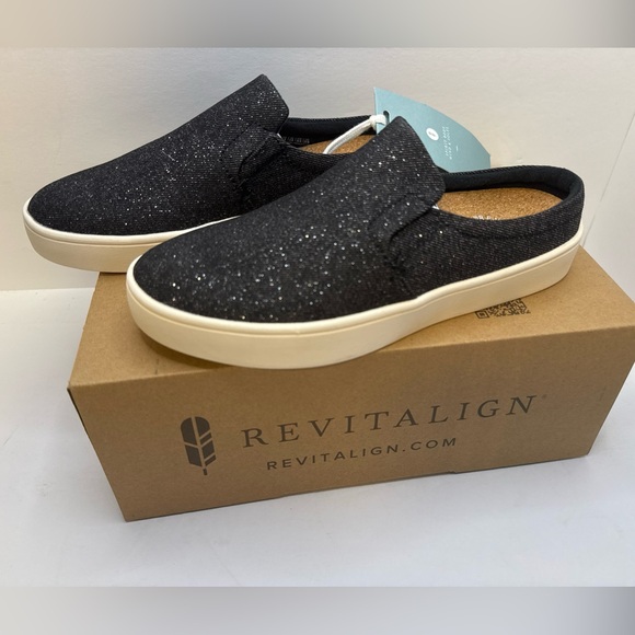 Revitalign Waco Shoe Co Orthotic Shimmer Black Denim Mules Sparrow Slide 6B - Picture 1 of 5